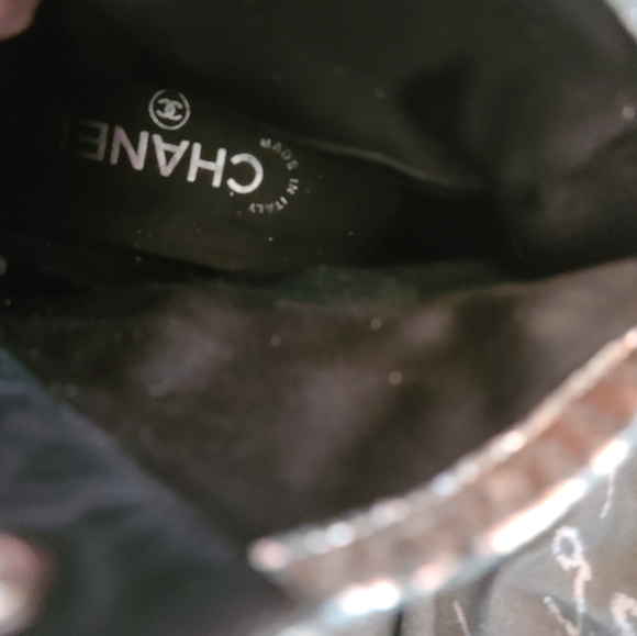 CHANEL SILVER LEATHER LACE UP WEDGE DUSTRESSED BOOTIES O8P - Picture 5 of 16